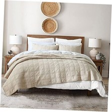 100 Cotton Quilt Queen Size Beige Bedspread, Pre Full/Queen Beige Suqare