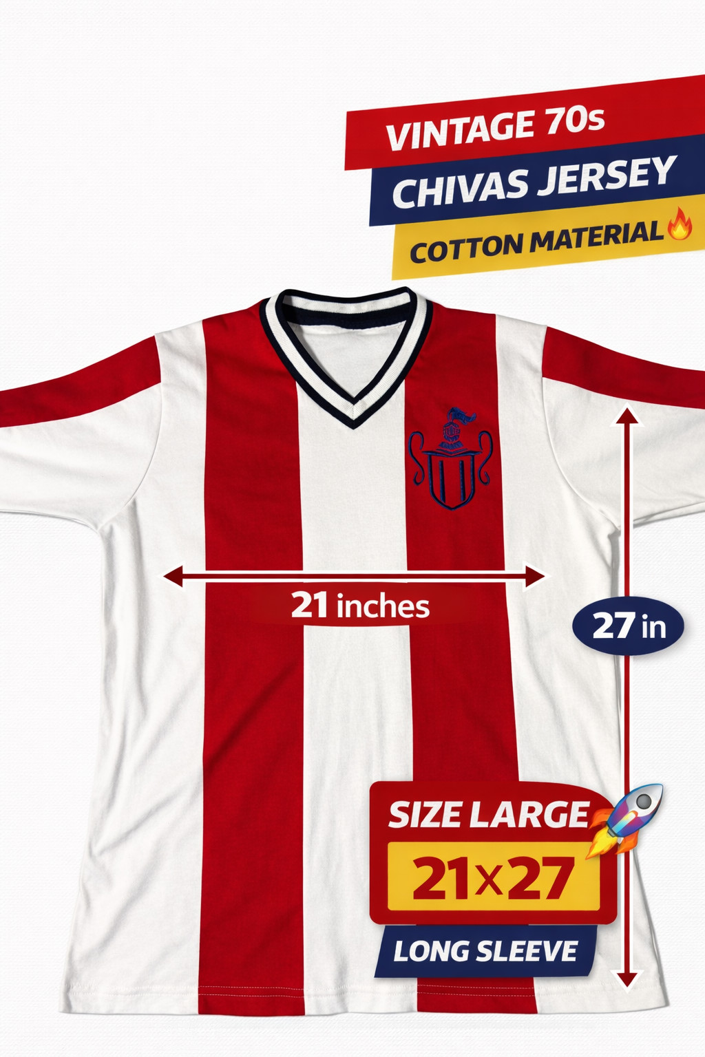Retro Chivas Jersey 1970s Cotton Mexico Soccer Shirt Large 21x27 Vintage Style