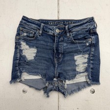 American Eagle Denim Shorts Womens 4 Blue High V-Rise Shortie Distressed Cutoff