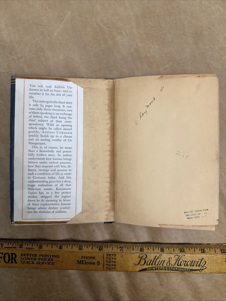 1939 ADDRESS UNKNOWN by Kressman Taylor, First Edition, 4th Printing Vintage - Image 4 of 4