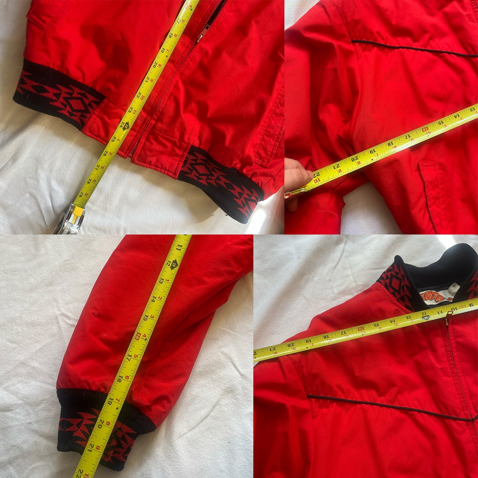 Red Vtg Comfy Casuals zip up jacket size M with front snap buttons, made in USA boxy style, shown on close-up.