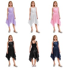 Kids Girls Dancewear Wide Shoulder Dresses Asymmetrical Dress Wedding Birthday