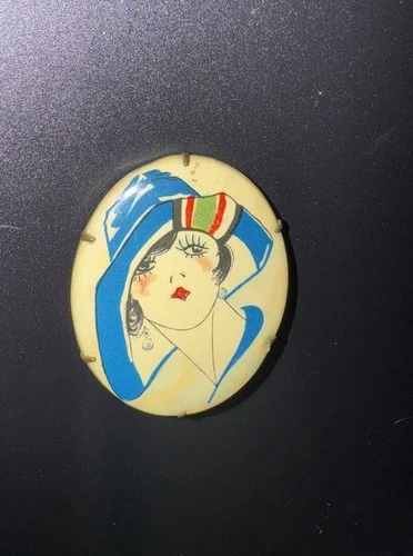 Vtg Art Deco 20s-30s Celluloid Brooch Fashion Jewelry Flapper Illustrated Woman
