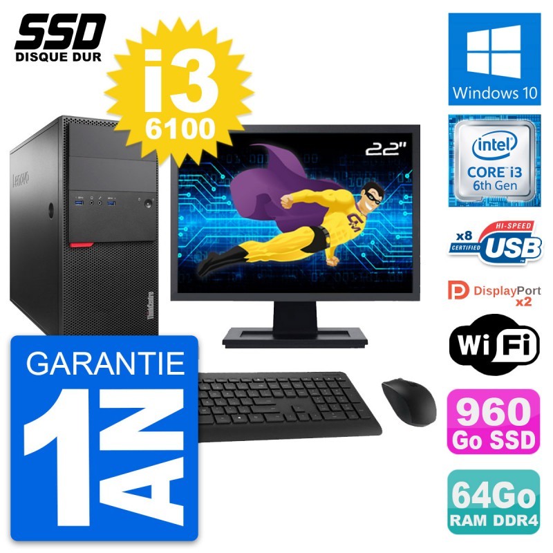 PC Tour Lenovo M800 Ecran 22" Intel i3-6100 RAM 64Go SSD 960Go Windows 10 Wifi