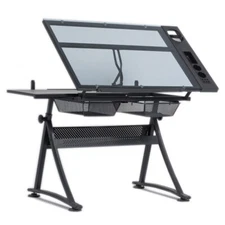 Home Drawing Desk Table Station Adjustable Craft Tempered Glass Sliding Drawer
