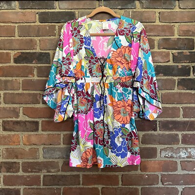 Trina Turk Radiant Blooms Floral Stretch Jersey Cover Up Tunic Dress -medium