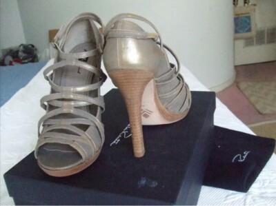 New 7 For All Mankind Women Beige Gold Metallic Le Ather High Heels Shoes SZ 6
