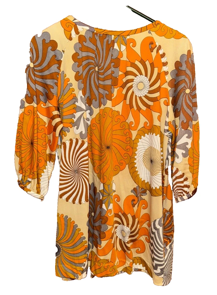 Винтажный 60-х Vanity Fair женщин маленький психоделический FUNKY Swirl Топ туника золото - Изображение 3 из 3