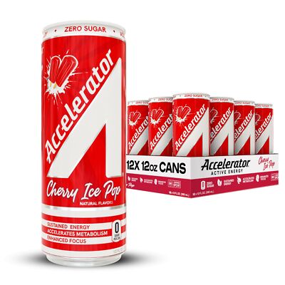 Accelerator Active Energy Drink Cherry Ice Pop Zero Sugar Pack of 12 Cans