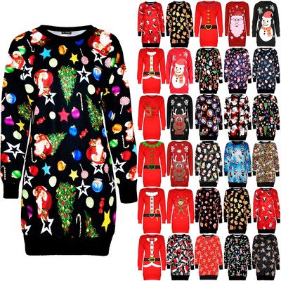 Fashion Star Womens Christmas Sweatshirt Ladies Xmas Two Reindeer Print Fleece Knitted Long Dress Long Sleeve Jumper Oversized Baggy Mini Dress Top