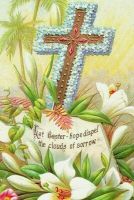 1880's Embossed Easter Card Beautiful Cross White Lilies Fab!7T