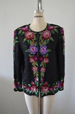 Laurence Kazar Sequined Beaded Cropped Jacket Multicolor Floral Cocktail Wedding