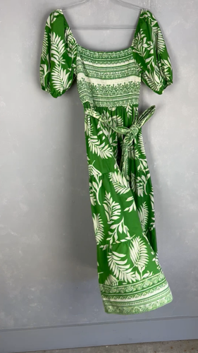 Aura maxi dress size M square neck puff sleeve Kelly green leaf print cotton - Video 1 of 1