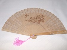 Chinese Wooden Folding Sandalwood Fan Openwork Flower Design w/ Tassel In Box