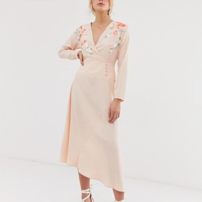asos peach embroidered dress Rent Asos Design Embroidered Split Front Halter Midi Dress In Light Coral