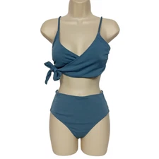 Shein High Waist Two Piece Bikini Swim Set Small Blue Ribbed Side Tie Padded