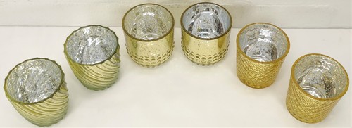 6 Candle Holders 3" Gold Glass Votive 2 cross Etched 2 Ribbed Swirl 2 Hobnail - Picture 15 of 24