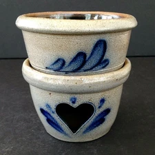 Rowe Pottery Works Warmer 2 Piece Wax Food 1987 Salt Glaze Heart Cutout RPW