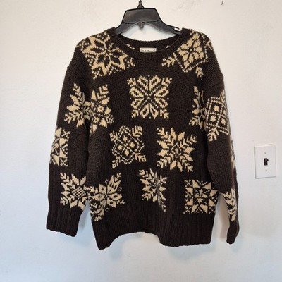 Vintage LL Bean Brown Wool Sweater Sz M Snowflake Nordic Fair Isle Winter Ski