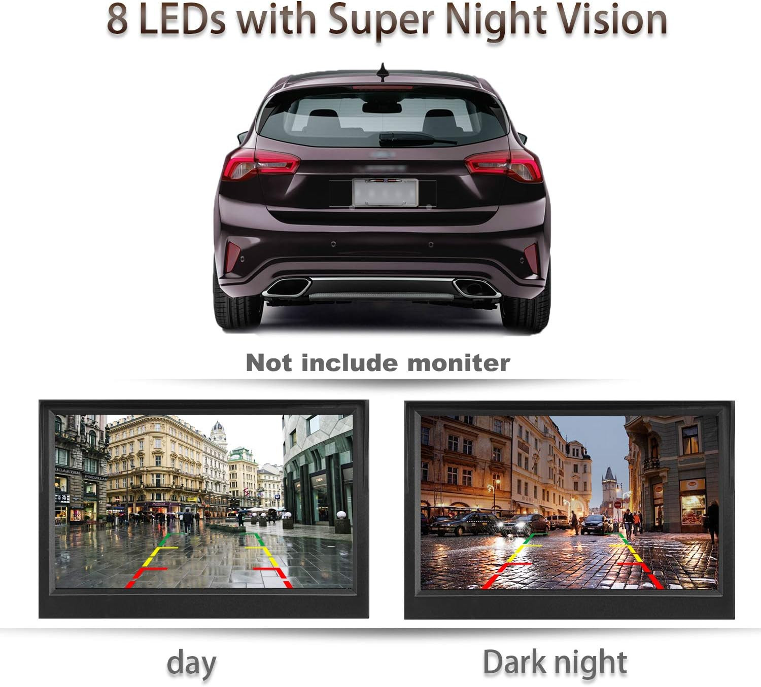 License Plate Backup Camera HD Night Vision Rear View Camera with 8 Leds 170° Vi