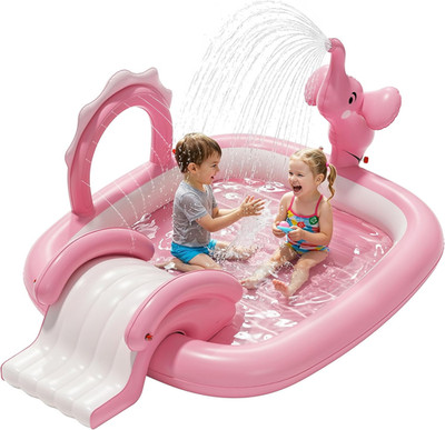 Elephant Kids Pool with Slide and Sprinkler, Inflatable Play Center with 4 Rings