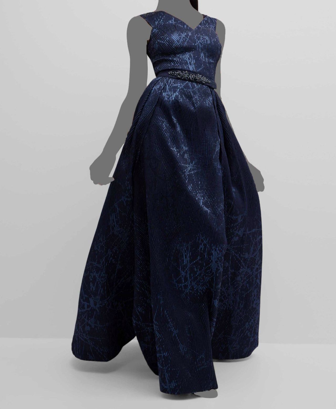 Rickie Freeman for Teri Jon Women Blue Metallic Jacquard Belt Gown Dress Size 10
