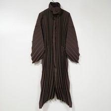 Homme Pliss  Issey Miyake Brown Pleated Coat Sz 3 Funnel Neck