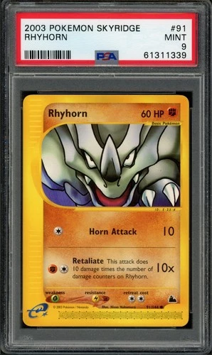 Pokemon PSA 9 Mint Skyridge Common Rhyhorn 91/144