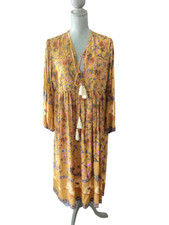 R. Vivimos Womens Boho Midi Dress Size L Retro V Neck Tassel Floral Cottagecore