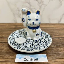 Maneki Neko Beckoning Lucky Cat Incense Holder Seto Ware Porcelain Blue Right