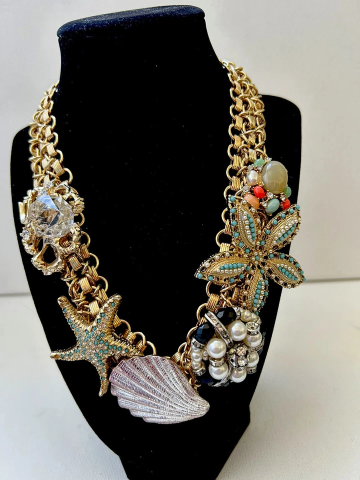 Gold Tone Nautical Beach Statement Necklace Pearls Beads Starfish Crystal Charms - Image 2 of 4