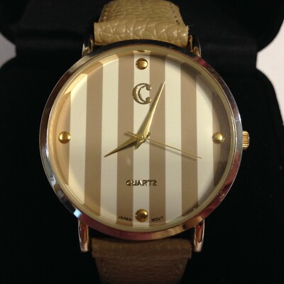 CC Striped Face Gold Tone Tan Pebbled Band Watch New Battery!