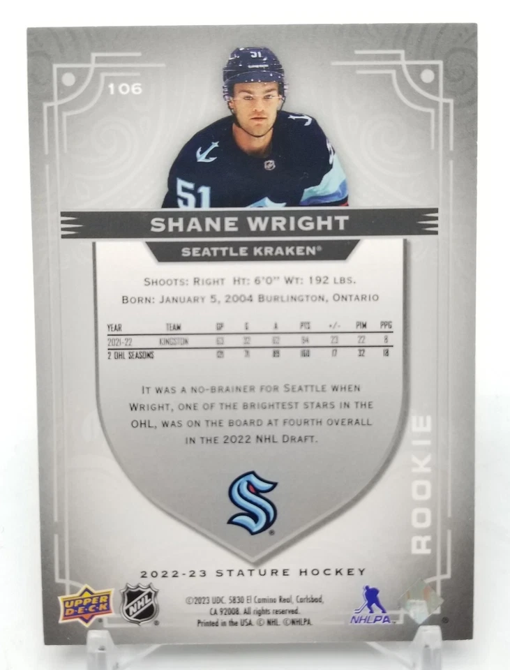 2022-23 Upper Deck Stature SHANE WRIGHT Rookie RC /399 Seattle Kraken #106 NHL - Image 4 of 4