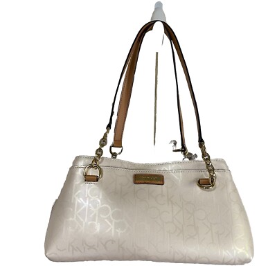 CALVIN KLEIN BEIGE BROWN TRIM LEATHERETTE,GOLD ACCENT,ZIP,SHOULDER BAG  Excellent