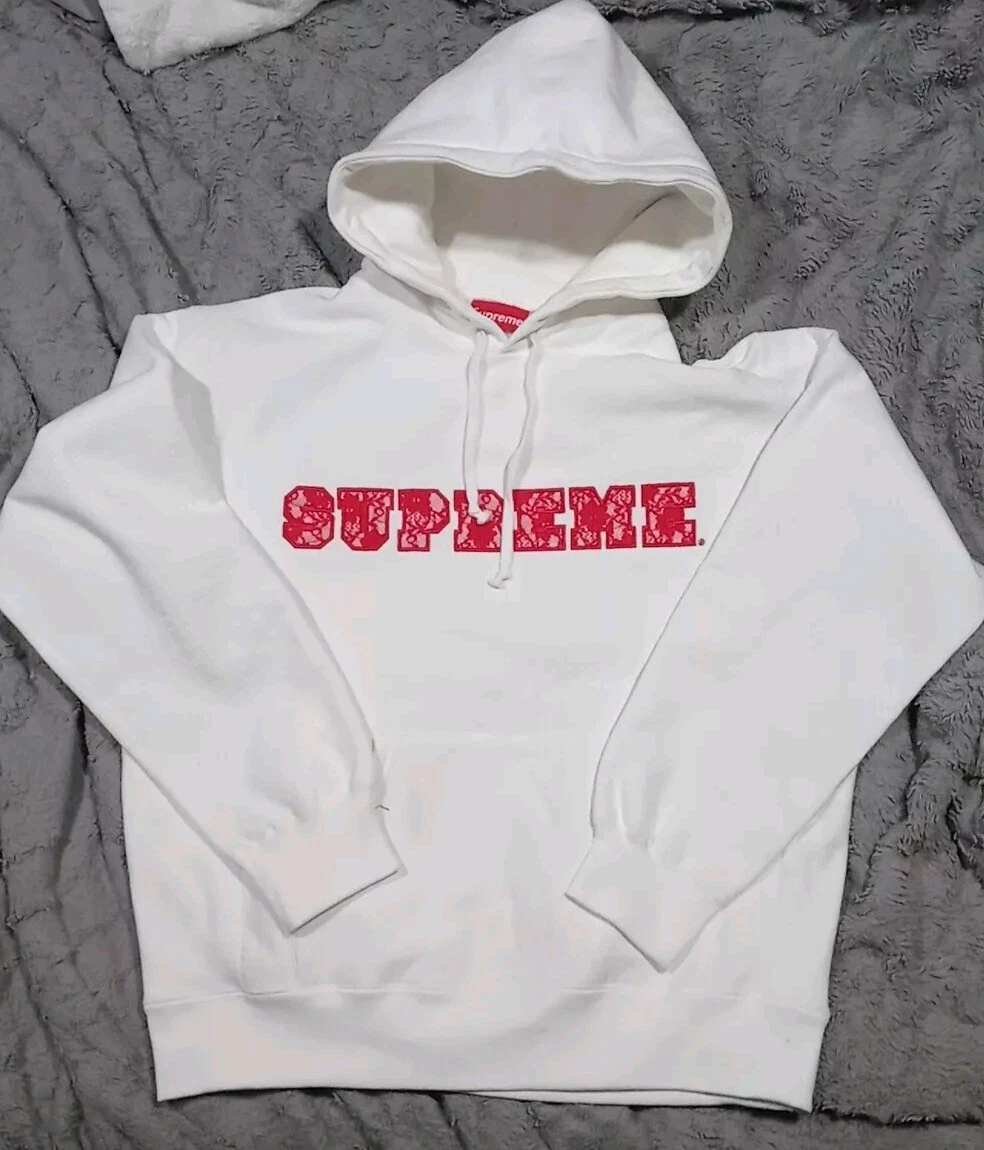 Authentique sweat à capuche blanc épais SUPREME rouge logo maille fleurie petit neuf