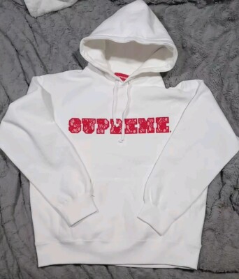 Authentic SUPREME Thick White Sweatshirt Hoodie Red Floral Mesh