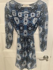 Loft Dress Blue Floral Print 3/4 Sleeve Tie Waist Dress size XS