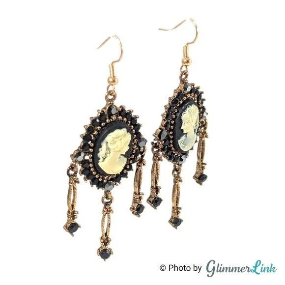 Vintage Style Black Cameo Gothic Chandelier Dangle Earrings Victorian Revival - Image 2 of 4