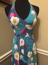 70s VTG Nylon Halter Maxi Dress Vibrant Flower Banded Empire Bra Top 3XS