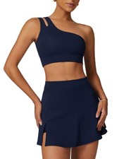 Tennis Skirts Set 2 Piece Outfits Shoulder Sports Bra HIgh Waist Golf Skort S...