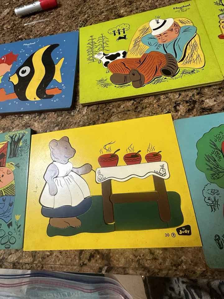 PUZZLES PLAYSKOOL VINTAGE 10& Bandeja de Madera Antigua Puzzle Lote Raro Retro MCM G4 Foto 2 de 4