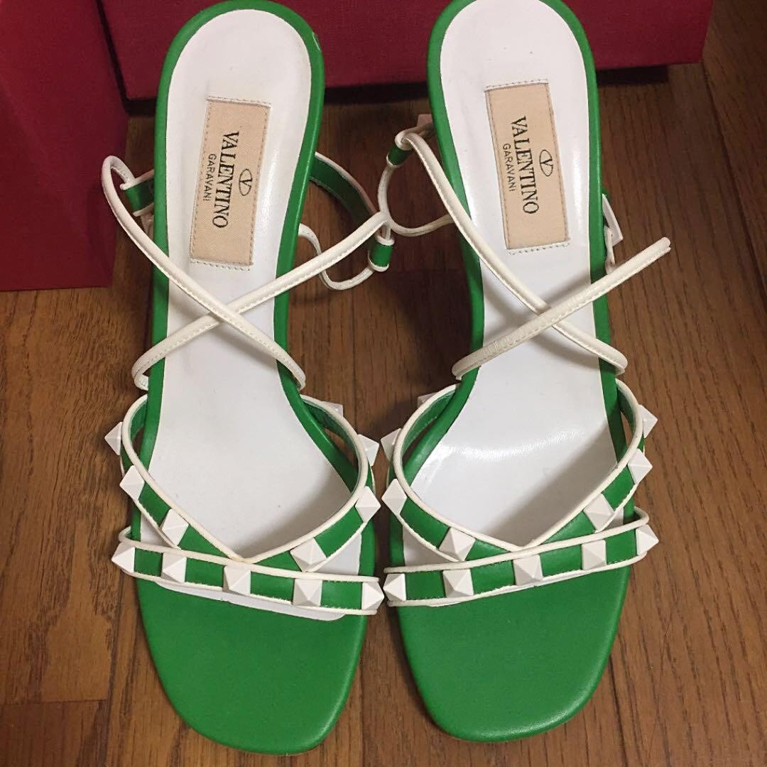 VALENTINO White Stud Strappy Sandals Size EU36 US6 Green Leather Women Open Toe