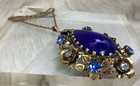 Vintage Austria Rhinestone Lapis Art Glass Teardrop Gold Tone Pendant Necklace — photo 3