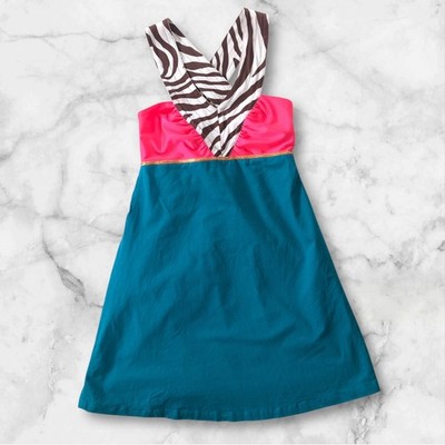 Vintage Roberta Oaks Hawaii Mini Dress XS Blue Pink Zebra Print Cross Back Retro