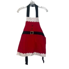 St. Nicholas Square Santa Themed Cotton Apron Girls OS Red Scalloped Trim
