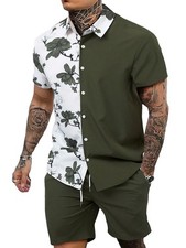 Men's 2 Piece Vacation Outfits Tropical Hawaiian Button Down Shirt and Shorts...