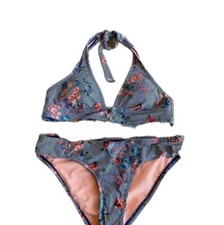 Gibson Latimer Ruffle Bikini top and Bottom Gray stripes with floral pattern