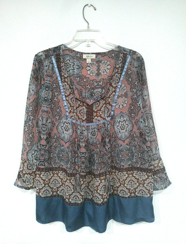 Style & Co Women's Peasant Top Large Chiffon Floral Paisley Satin Peplum Blouse