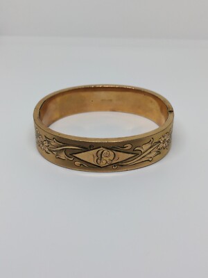 ACCo Antique Gold Filled GF Etched Wide Bangle Bracelet 7