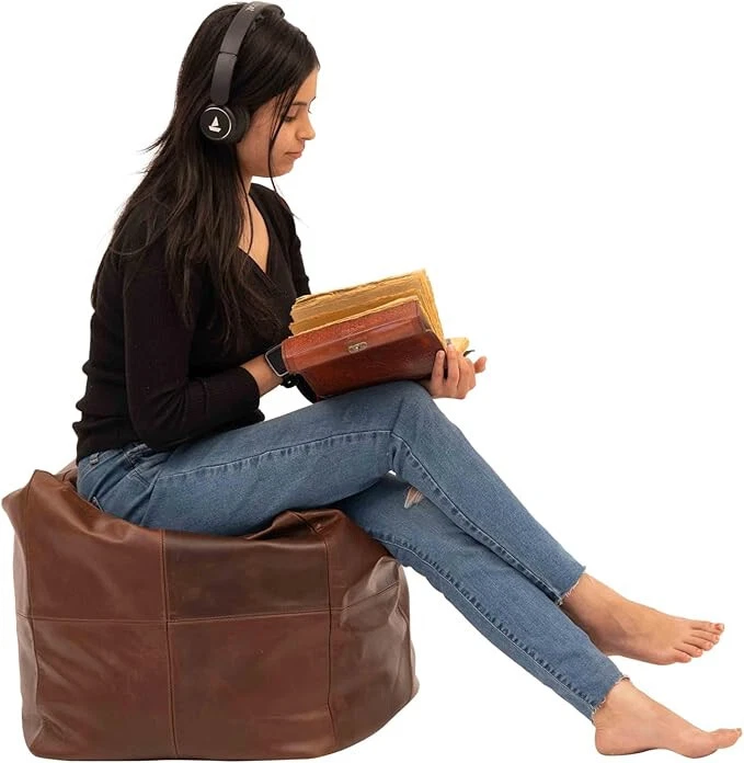 Marroquí Handmade Cuero Bohemio Puf Reposapiés Tostado Oscuro De Funda Almohadón - Imagen 3 de 4